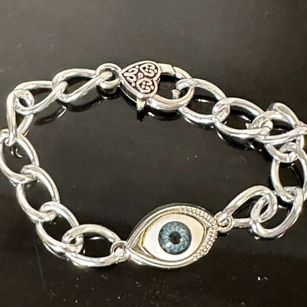 Evil Eye Protection Silver Chain Bracelet Heart Gift Charm All Seeing Greek